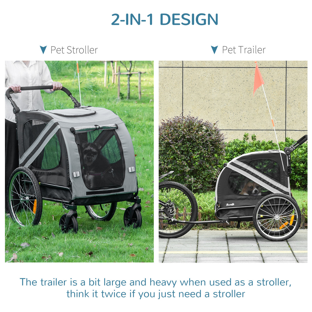 2-In-1 Pet Bike Trailer Dog Stroller Pushchair with Universal Wheel Reflector Flag Grey