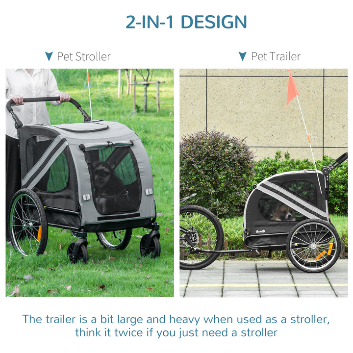 2-In-1 Pet Bike Trailer Dog Stroller Pushchair with Universal Wheel Reflector Flag Grey