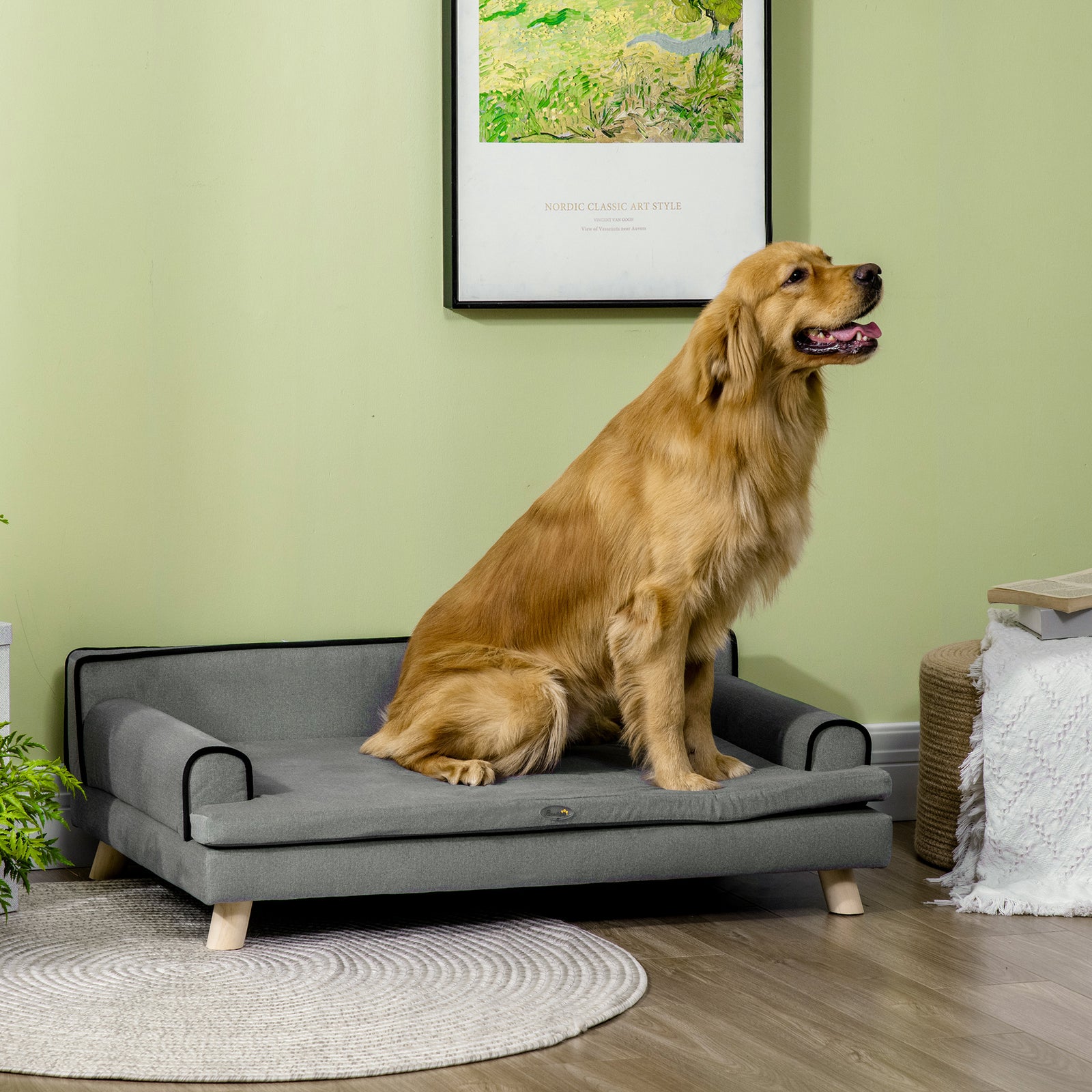 Dog Sofa, with Wooden Legs, Water-Resistant Fabric, for Medium & Large Dogs - Grey