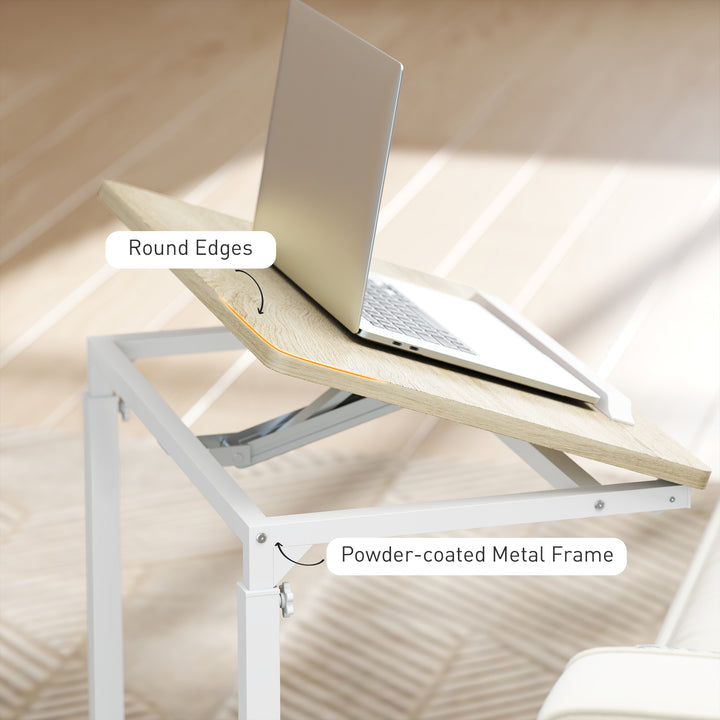 C-Shaped Sofa Side Table, Height Adjustable Overbed Table with Tilting Desktop, Mobile Laptop Desk for Living Room Bedroom, Oak and White