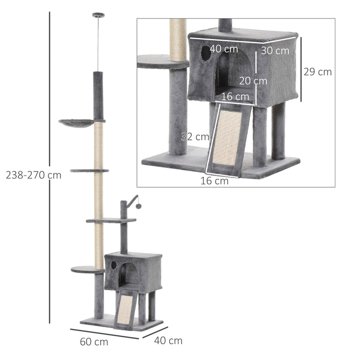 MCL 270cm Floor To Ceiling Cat Tree Cat House Scratching Post for Indoor Cats Hammock Hanging Ball Activity Center Grey