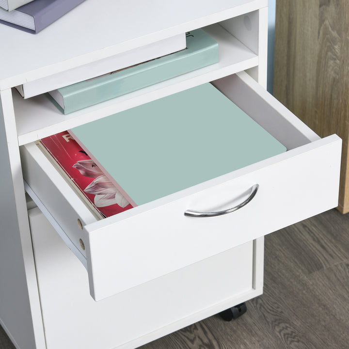 60cm Filing Cabinet with Drawer, Open Shelf, Metal Handles and 4 Wheels, Office Home Organiser Mobile Printer, White