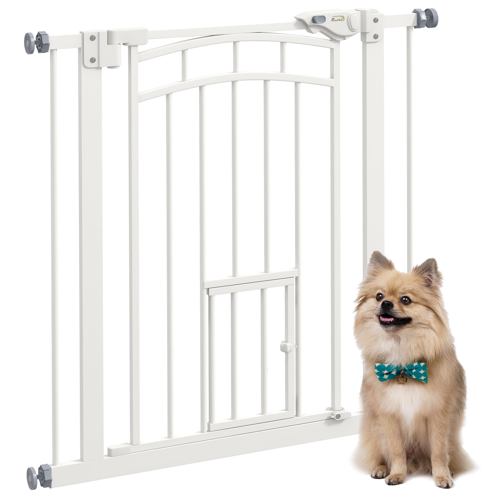 Pressure Fit Stair Gate, Dog Gate w/ Small Cat Door, Auto Closing System, Double Locking Openings, 74-80cm - White