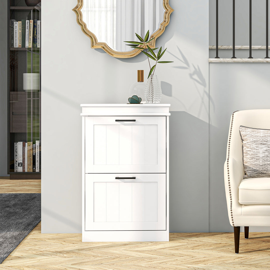 Two-Drawer Minimalistic Shoe Storage Cabinet, for 10 Shoes, White