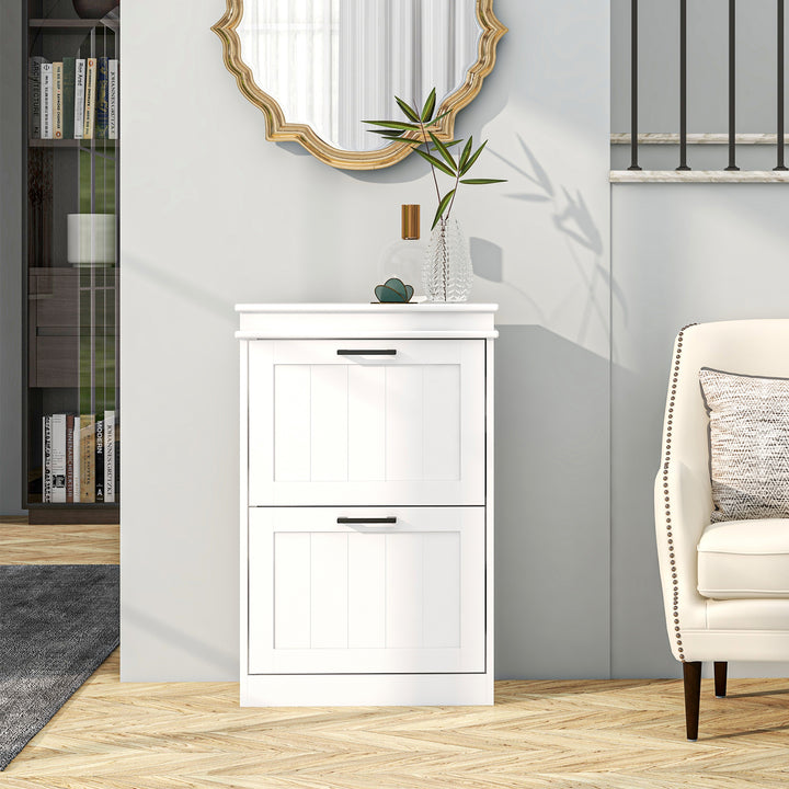 Two-Drawer Minimalistic Shoe Storage Cabinet, for 10 Shoes, White