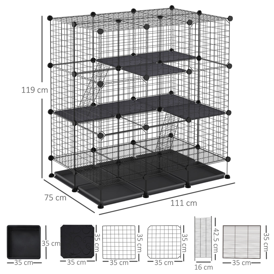 Pawhut 3 Level DIY Pet Playpen Metal Small Animal Cage Guinea Pig Rabbit Ferret Chinchillas Cage 4 Doors Bottom Trays Black | Aosom UK