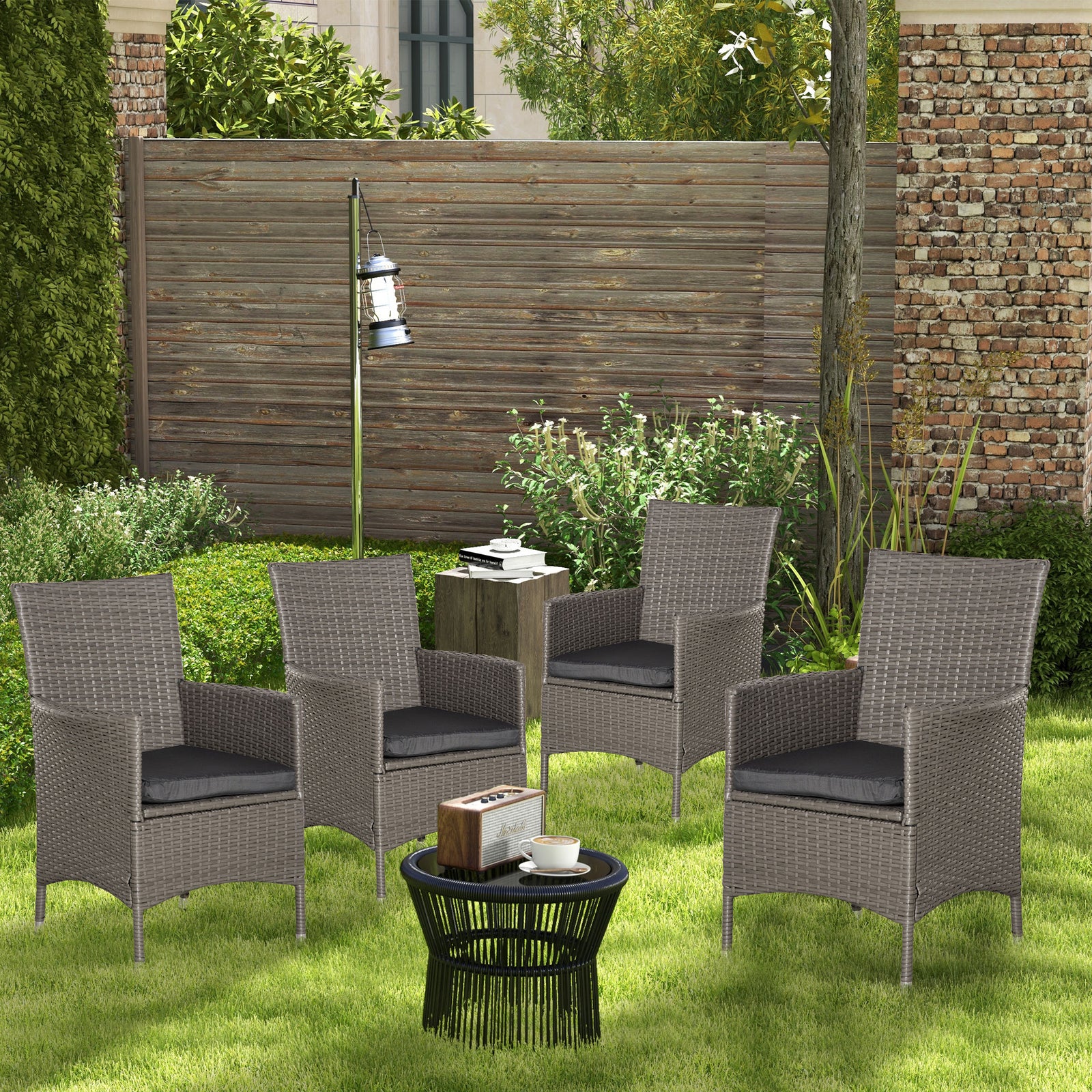 Set of Four Rattan Armchairs, with Cushions - Grey
