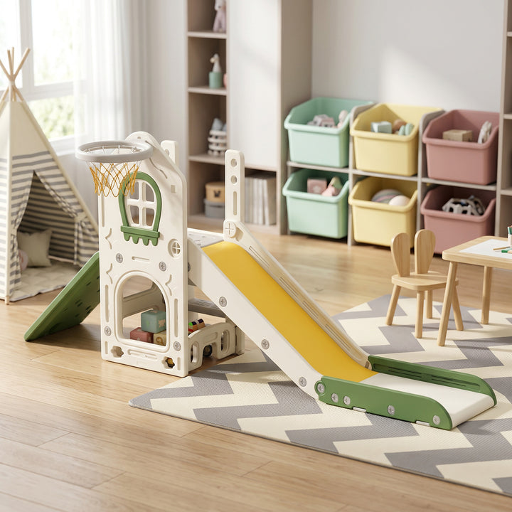 Foldable 5 in 1 Toddler Slide with Ladder, Climbing Wall, Basketball H