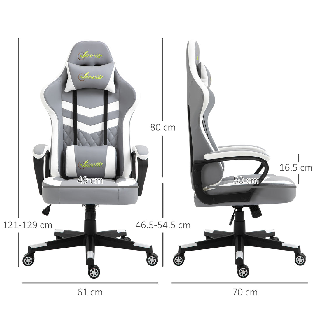 Gaming Chair, Computer Desk Chair with Lumbar Support, Faux Leather Racing Chair with Headrest and Swivel Wheels for Home Office, Grey White