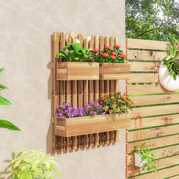 Wall-mounted Wooden Garden Planters with Trellis, Drainage Holes and 3 Planter Boxes for Patio, Carbonised