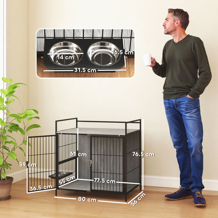 Dog Crate Furniture with Rotating Bowl Holder, 2 Bowls, 2 Doors, for Medium Dogs, 80 x 56 x 76.5 cm, Grey