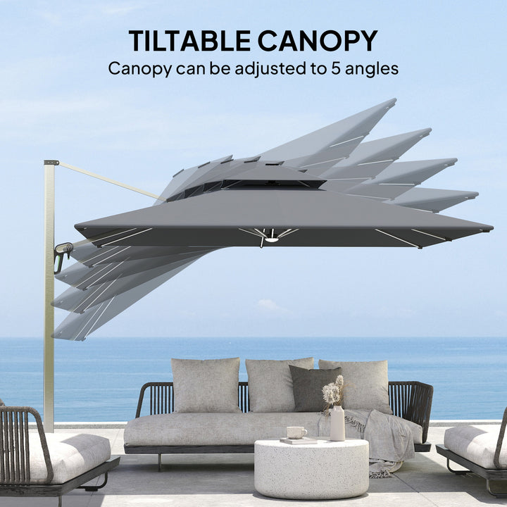3(m) Garden Cantilever Parasol with Solar LED Lights, Cross Base, 360° Rotation, Crank Handle and Tilt, Grey