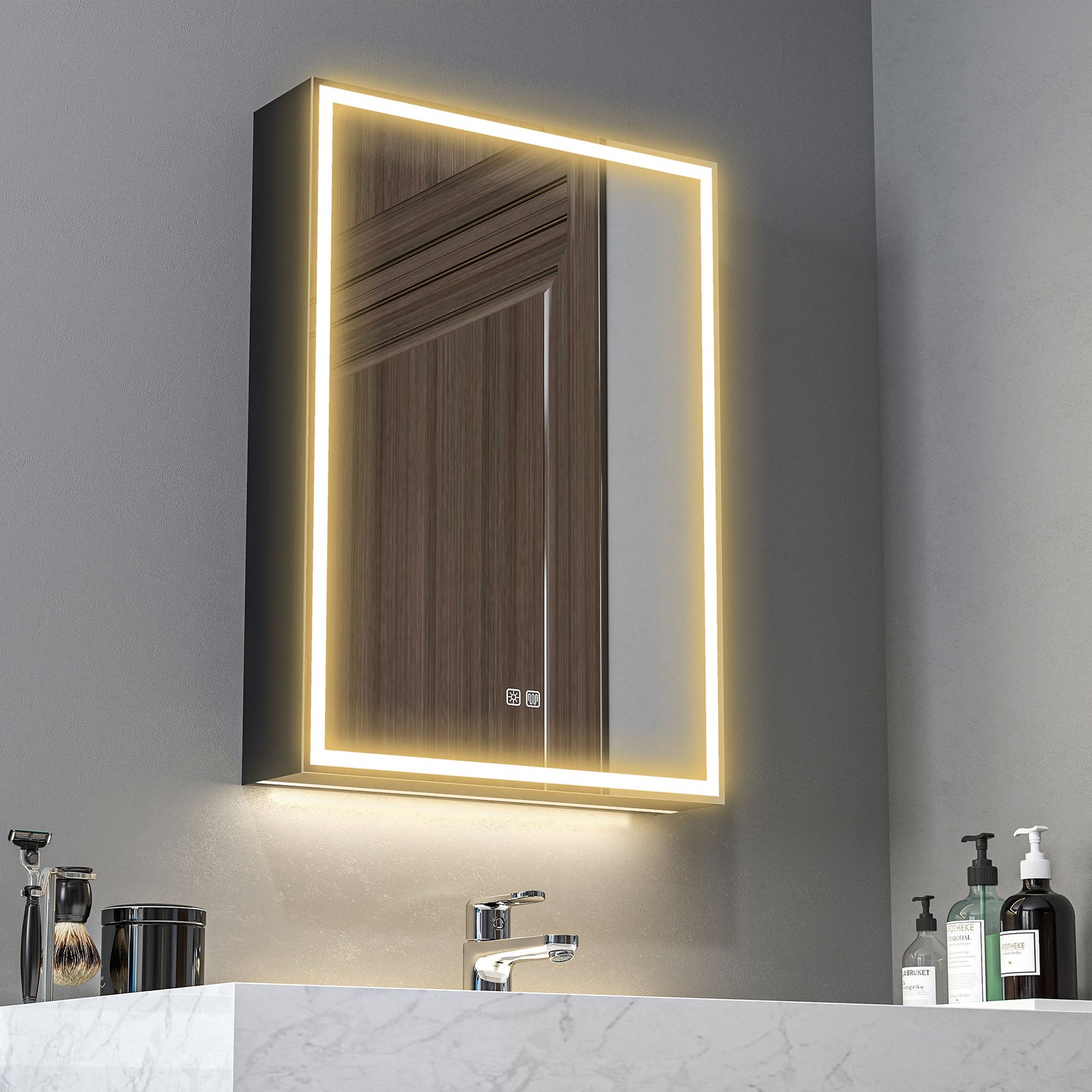 Bathroom Mirror Cabinet with LED Lights and Shaver Socket, 500 x 700 mm Wall Mounted Bathroom Cabinet with Mirror, Demister Pad, Dimmer, 3 Colours, Medicine Cabinet, Black