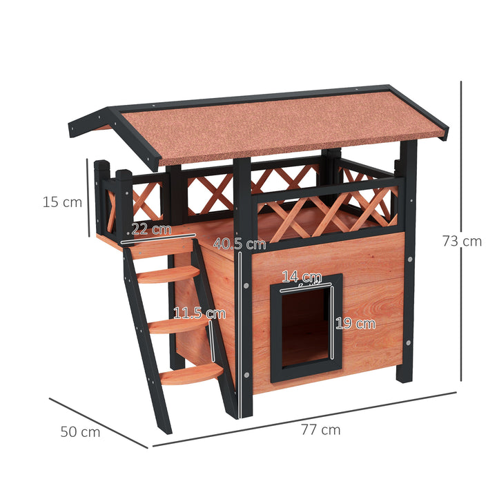 PawHut Cat House Outdoor w/ Balcony Stairs Roof, 77 x 50 x 73 cm, Brown | Aosom UK