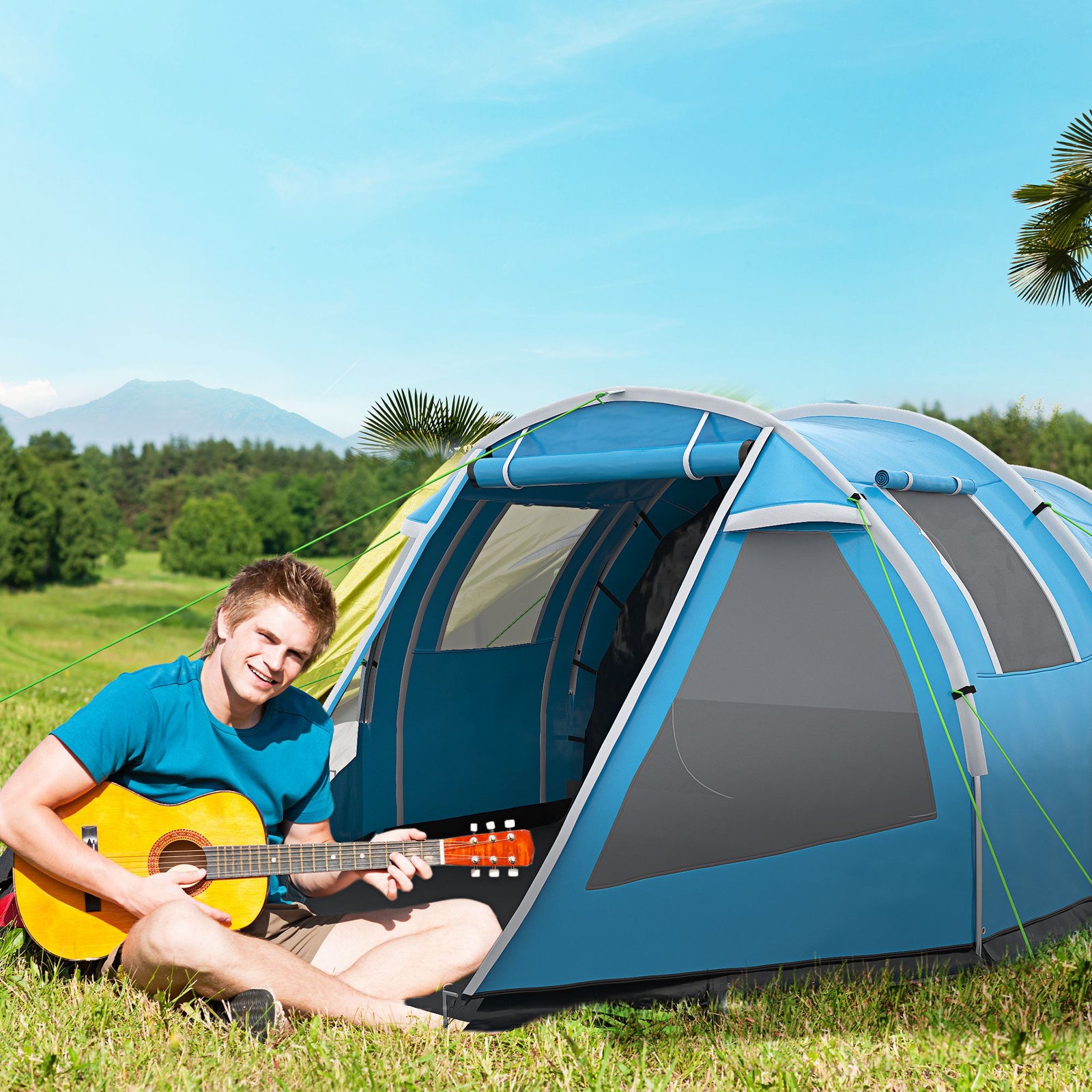3-4 Man Tunnel Tent, Two Room Camping Tent with Windows, Portable Carry Bag, for Fishing, Hiking, Sports, Festival - Blue
