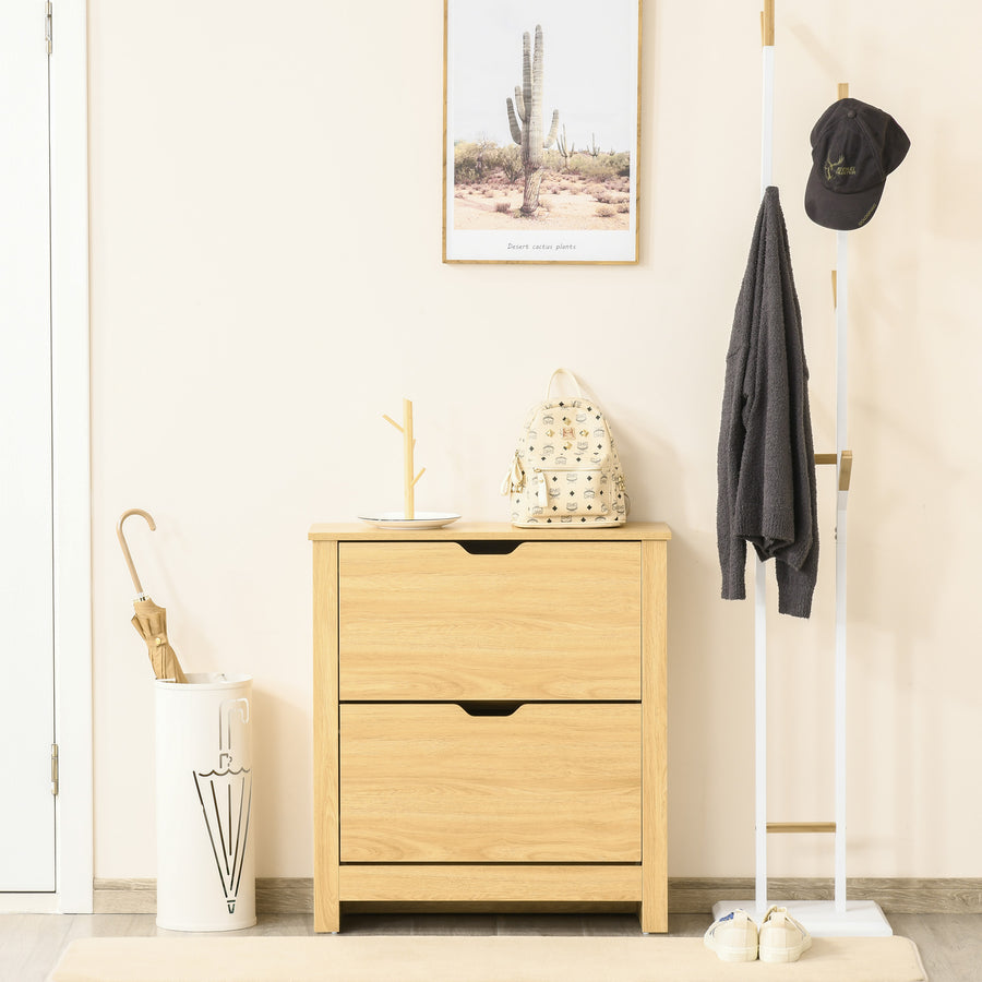 Narrow Shoe Cabinet, Space Saving Shoe Storage Cabinet with 2 Flip Drawers and Adjustable Shelves for 6-12 Pairs of Shoes for Hallways and Living Room, Natural Wood Finish