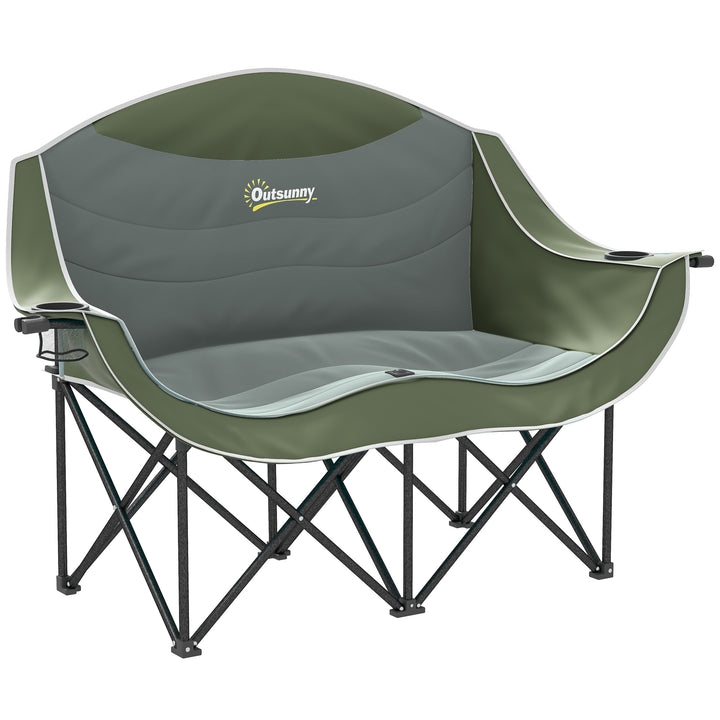 Double Camping Chair for Adults, Oversized Heavy Duty Padded Folding Chair with Armrests, Cup Holders and Carry Bag for Outdoor Camping Hiking Picnic Fishing, 250kg Capacity, Green