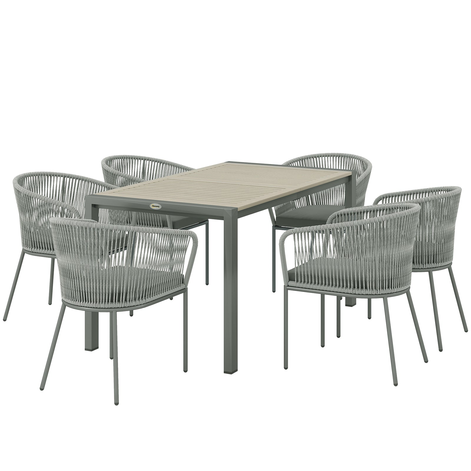Rattan Dining Set, 6 Seater Rattan Garden Furniture Set with Acacia Wood Top Rectangle Table, 6 Chairs, Washable Seat Cushions, for Outdoor, Patio, Conservatory, Grey