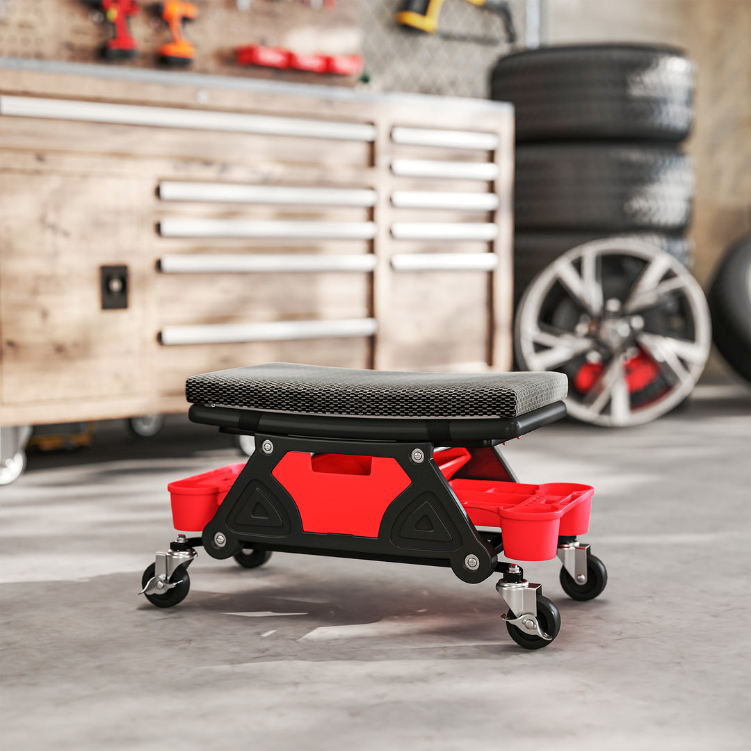 Rolling Mechanic Stool, 135kg Capacity Workshop Stool, 360° Swivel Roller Padded Creeper Seat with Wheels, Slide Out Tool Trays and Drawer for Garage, Shop, Auto Repair, Black