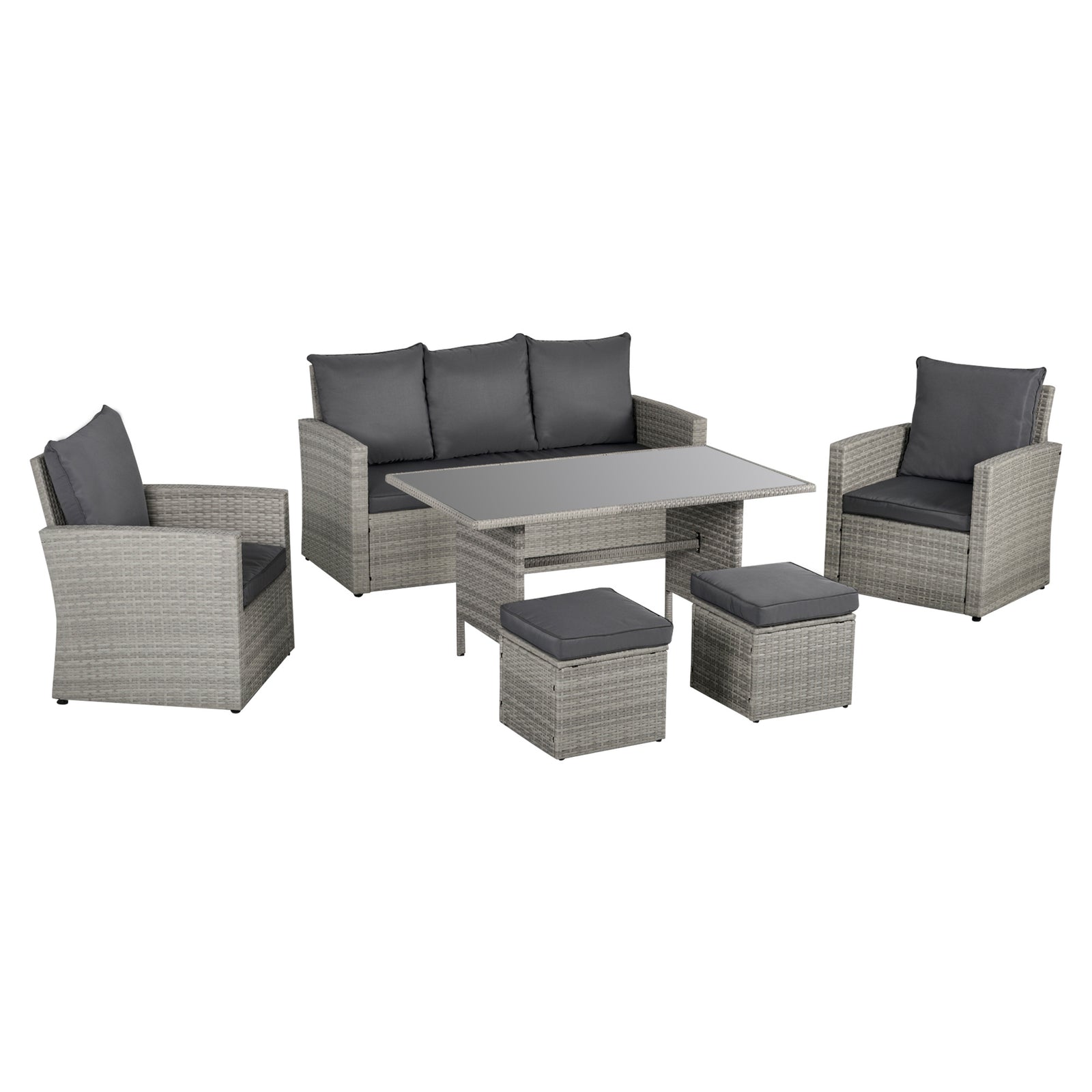 Six-Piece Rattan Sofa Set, with Glass-Top Table - Mixed Grey
