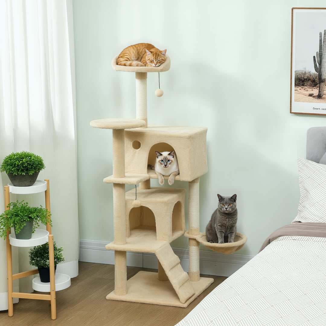 MCL 140cm Large Cat Tree Tower with Sisal Scratching Posts, Condos, Plush Perches, Hammock, Ladder, Beige