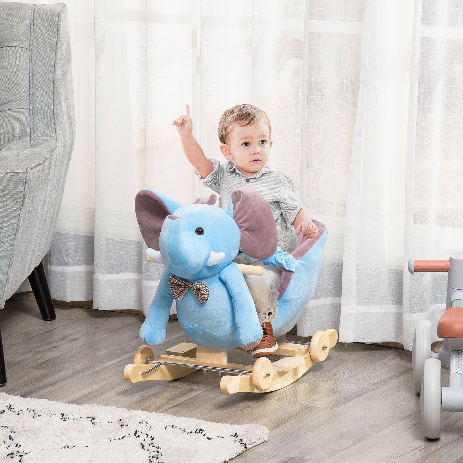 2 In 1 Plush Baby Ride on Rocking Horse Elephant Rocker with Wheels Wooden Toy for Kids 32 Songs for 18+ Months (Blue)
