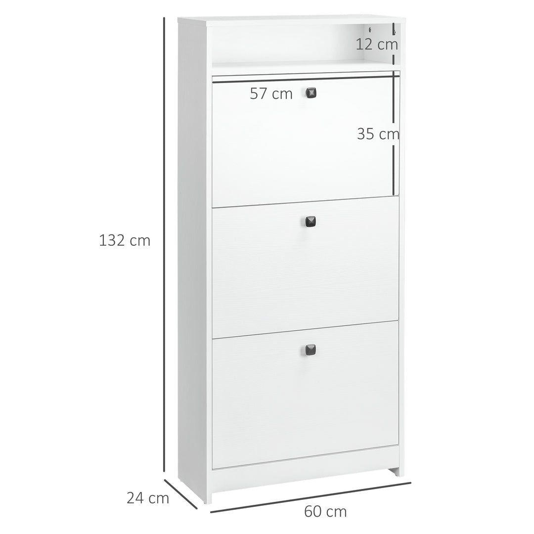 Narrow Shoe Cabinet with 3 Flip Doors, 14-18 Pairs Shoe Cupboard with Open Shelf for Slim Hallway and Entryway, 24 x 60 x 132 cm, White