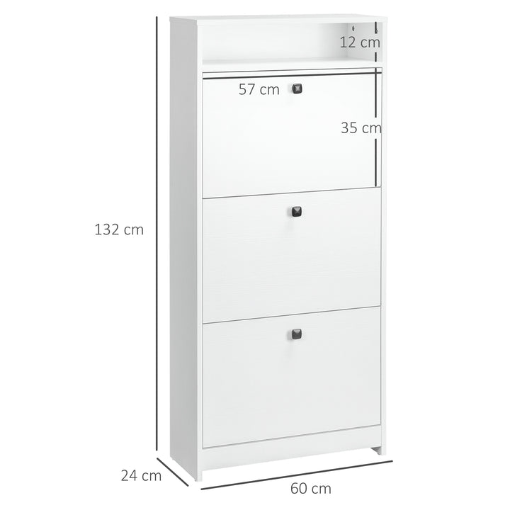 Narrow Shoe Cabinet with 3 Flip Doors, 14-18 Pairs Shoe Cupboard with Open Shelf for Slim Hallway and Entryway, 24 x 60 x 132 cm, White