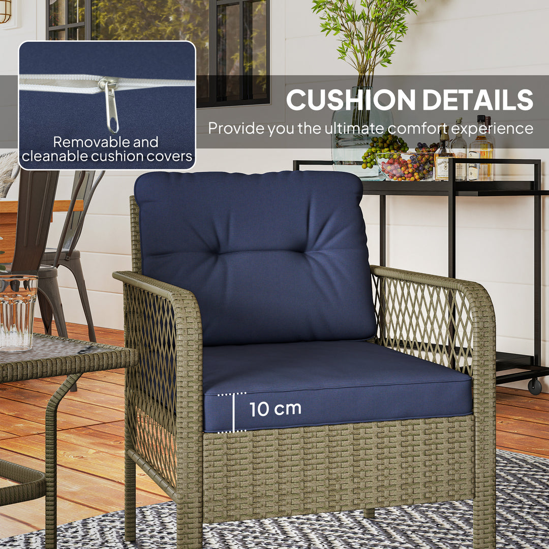3 Pieces Rattan Bistro Set with Glass Top Coffee Table, Chairs and Cushions for Outdoor, Patio, Balcony, Charcoal Grey