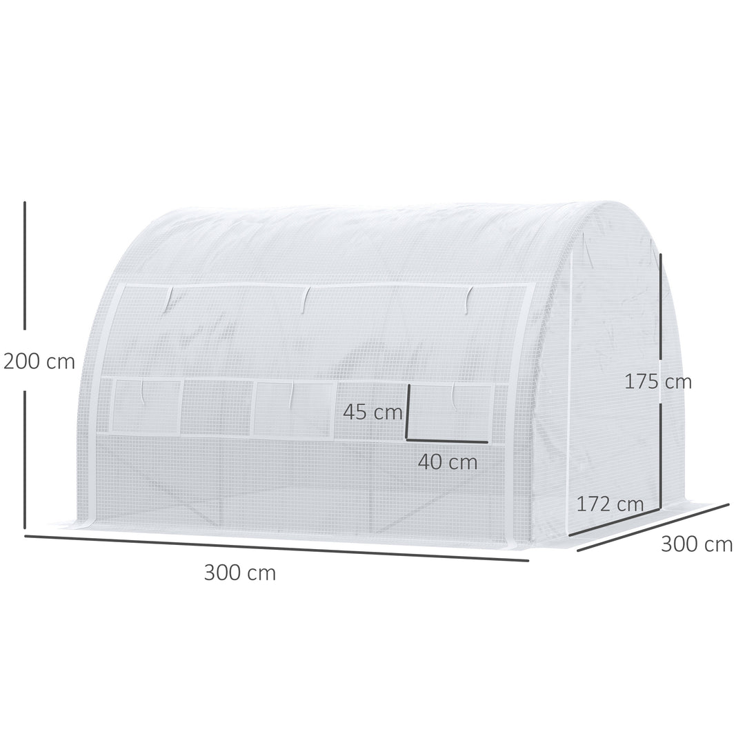 MCL 3 x 3 x 2 m Polytunnel Greenhouse with Roll-up Side Walls, Walk-in Grow House Tent with Steel Frame, Reinforced Cover, Zipped Door and 6 Mesh Windows for Garden, White