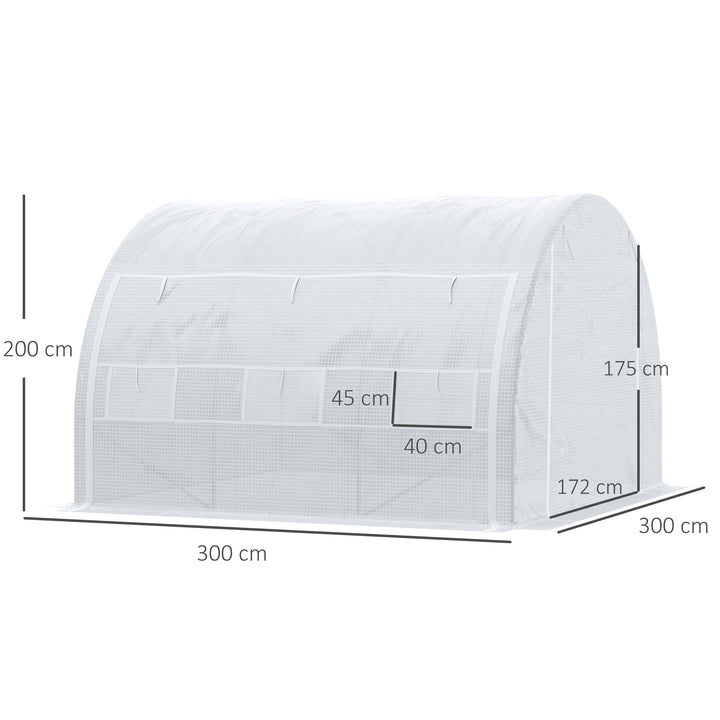 3 x 3 x 2 m Polytunnel Greenhouse with Roll-up Side Walls, Walk-in Grow House Tent with Steel Frame, Reinforced Cover, Zipped Door and 6 Mesh Windows for Garden, White