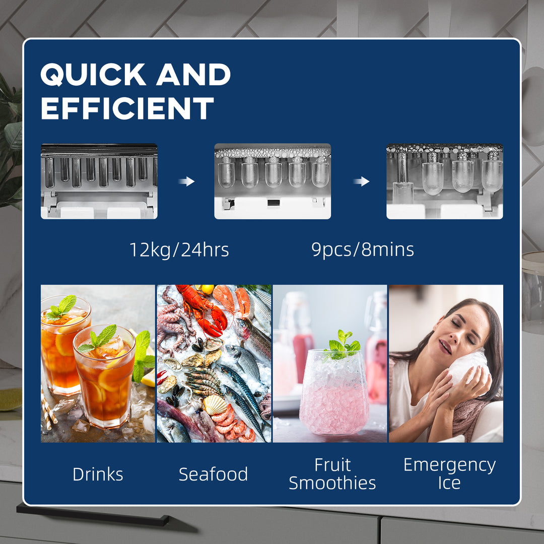 MCL Ice Maker Machine Countertop, 9 Ice Cubes in 8 Mins, 12KG in 24Hrs, Self-Cleaning Portable Ice Cube Maker w/ Adjustable Ice Size, Ice Scoop, Basket, Stainless Steel, No Plumbing Required, Black