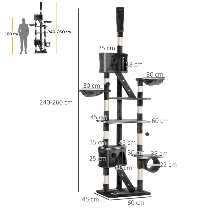 PawHut Cat Tower Floor-to-Ceiling 240-260cm Indoor Cat Tree, Adjustable Cat Post with Condos, Ramps, Hammocks, Toy Balls, Dark Grey | Aosom UK