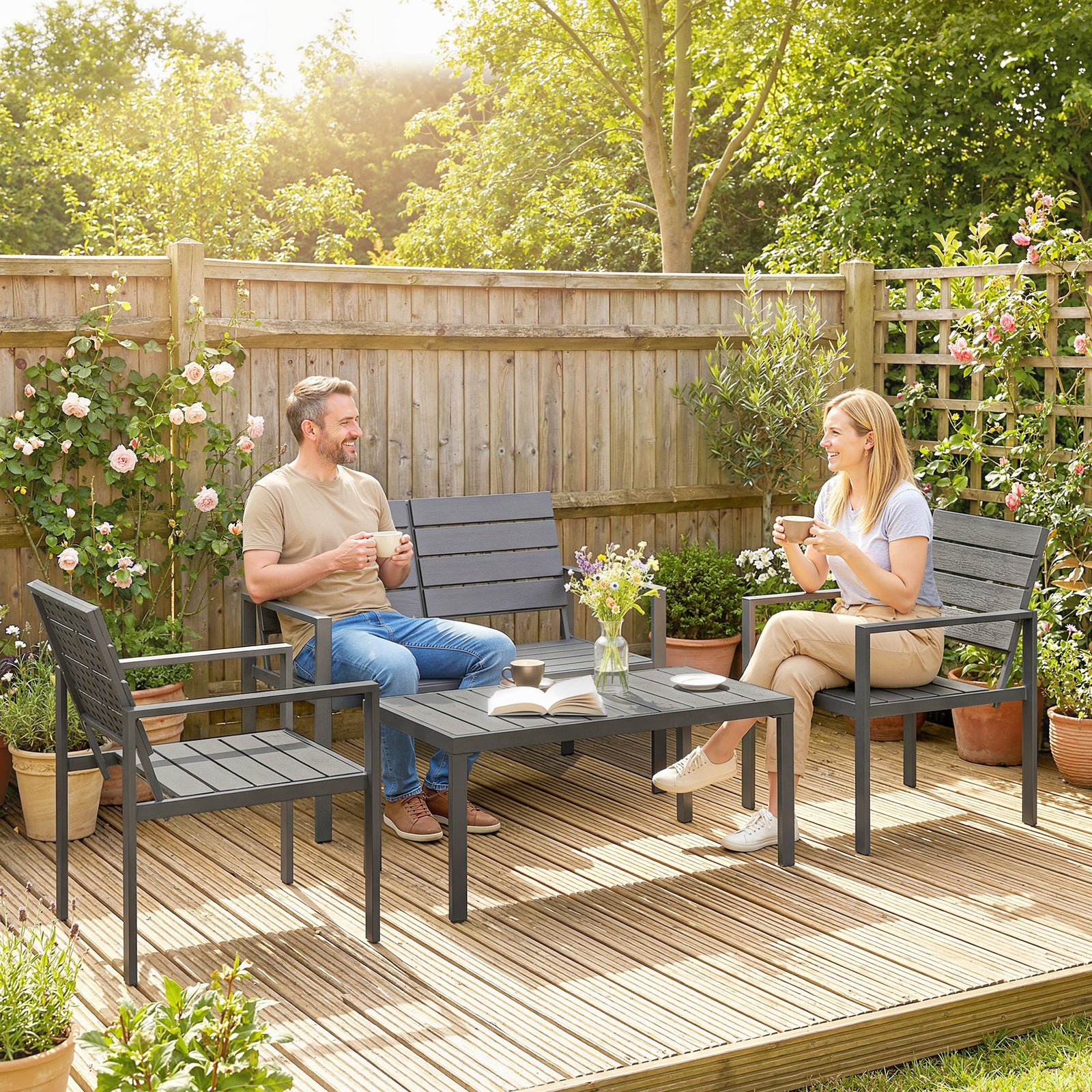 4 Piece Garden Furniture Set, Outdoor Sofa Set with HDPE Slatted Loves