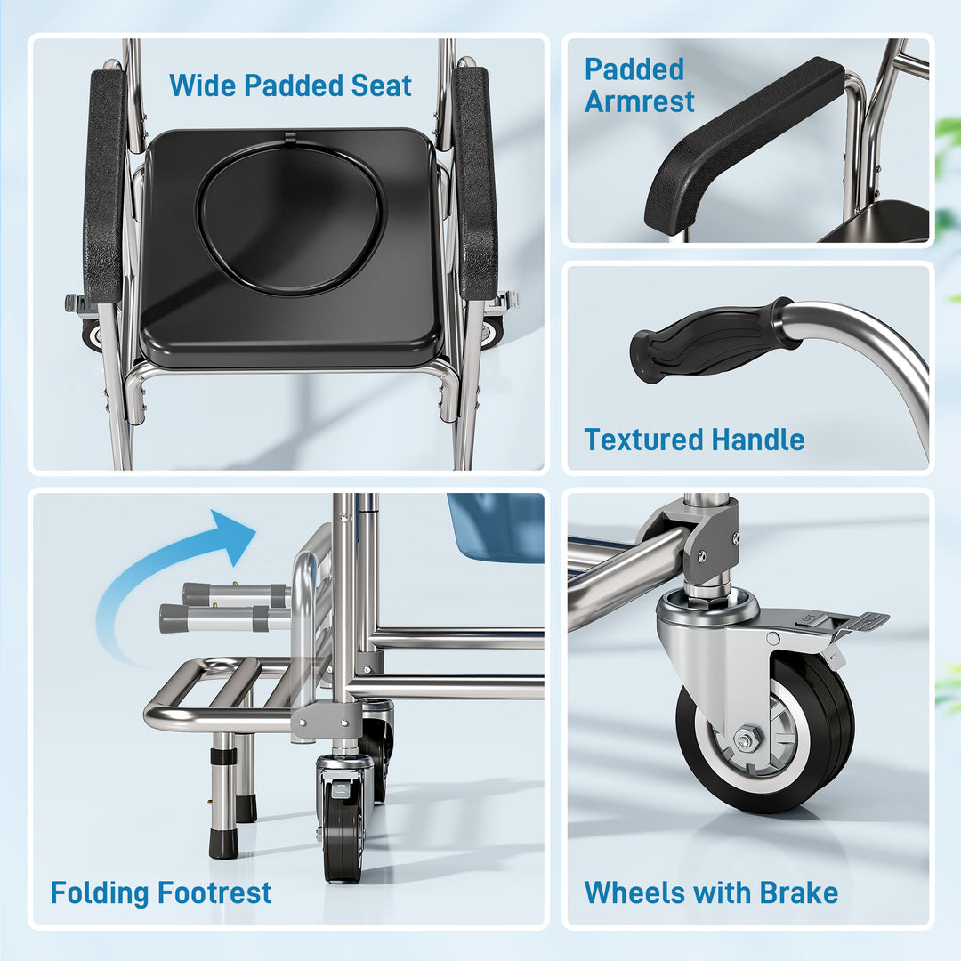Transport Beside Shower Chair, 3-in-1 Commode Chair with Wheels and Pa