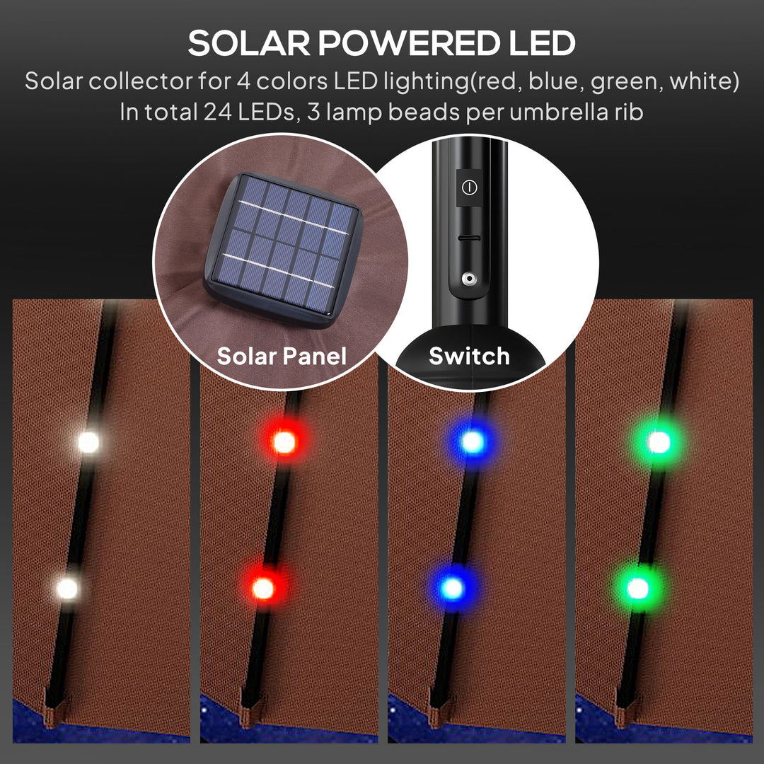 MCL 2.7m Garden 24 LED Light Parasol Solar Outdoor Tilt Sun Umbrella Patio Club Party Event Manual Sun Shade w/ Hand Crank and 8 Ribs, Brown