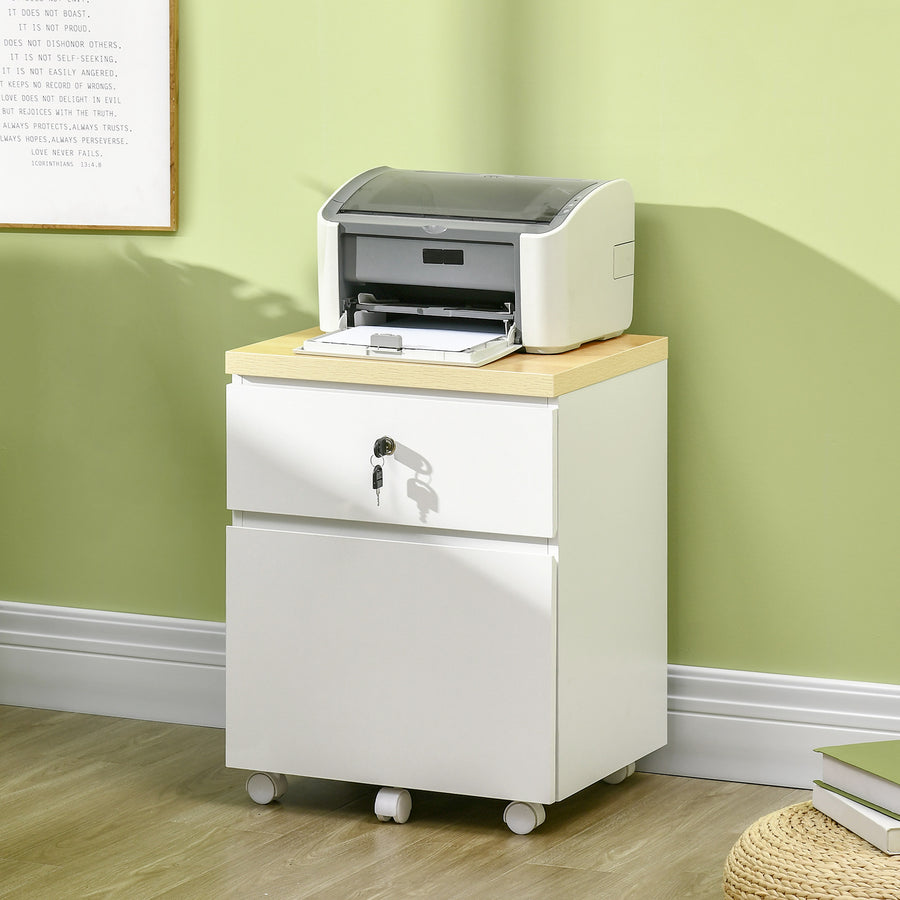 2-Drawer Filing Cabinet with Lock, Mobile File Cabinet with Hanging Bars for Legal Size and Wheels, Home Office Study, White