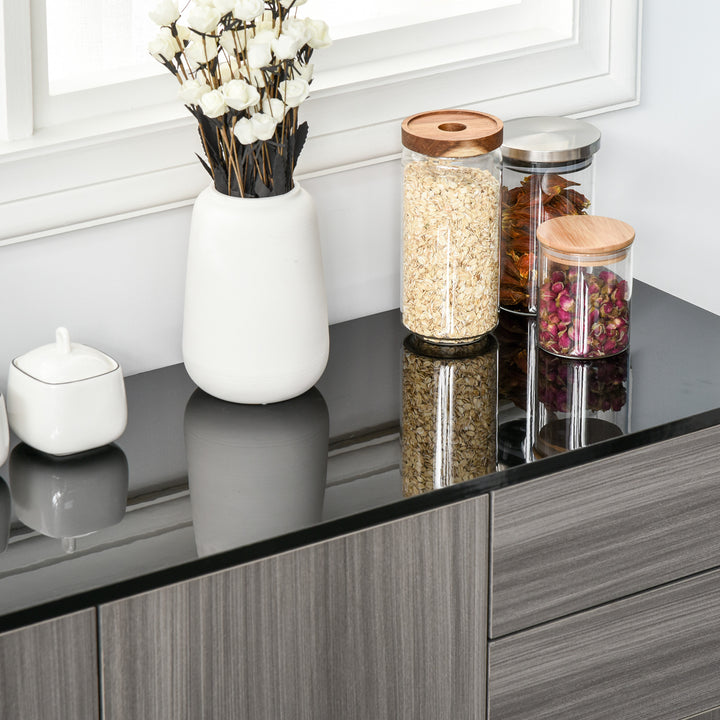 High Gloss Side Cabinet, Push-Open Design with 2 Drawers and 2 Cabinets for Living Room, 74H x 117W x 36Dcm, Light Grey and Black