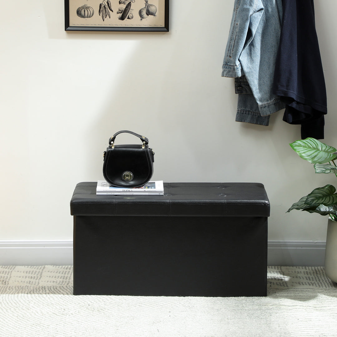 MCL Storage Ottoman Bench, 89L PU Leather Folding Foot Rest Stool, End of Bed Bench, Easy Assembly, for Living Room, Bedroom, Entryway, Black