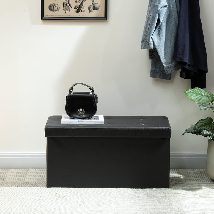 MCL Storage Ottoman Bench, 89L PU Leather Folding Foot Rest Stool, End of Bed Bench, Easy Assembly, for Living Room, Bedroom, Entryway, Black