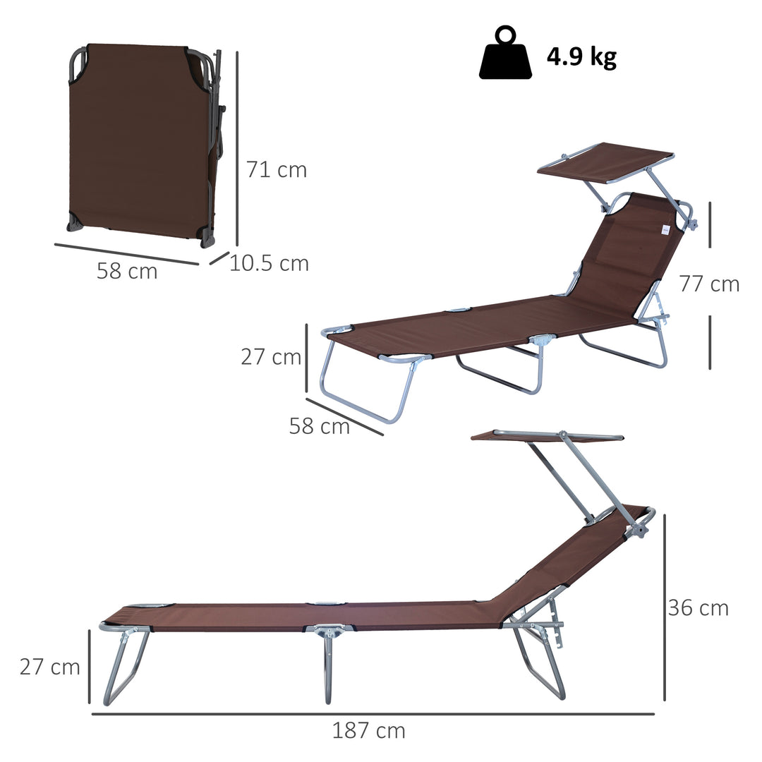 Outdoor Foldable Sun Lounger, 4 Level Adjustable Backrest Reclining Sun Lounger Chair with Angle Adjust Sun Shade Awning for Beach, Garden, Patio, Brown