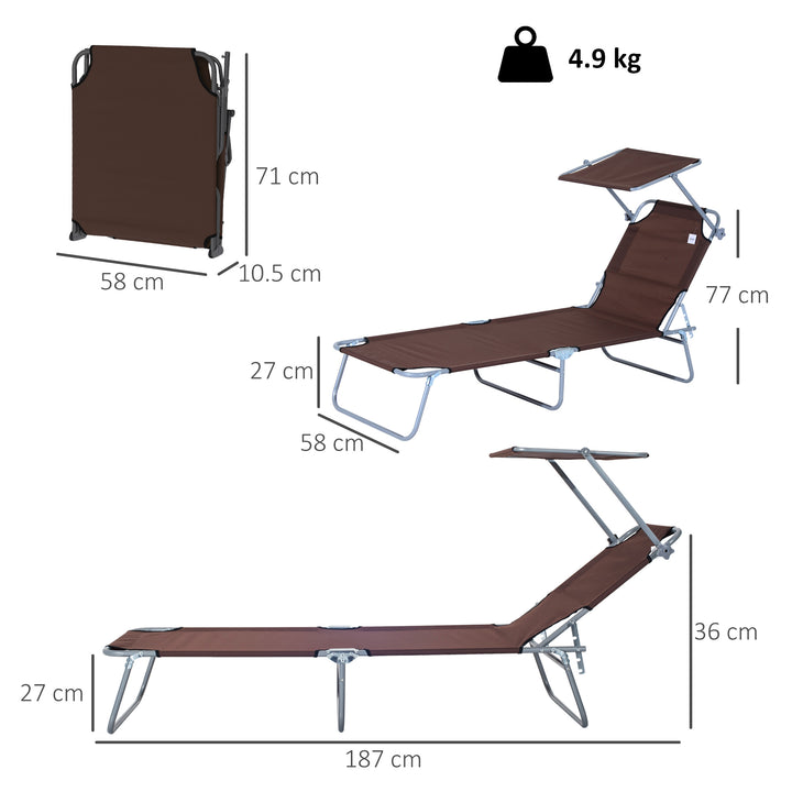Outdoor Foldable Sun Lounger, 4 Level Adjustable Backrest Reclining Sun Lounger Chair with Angle Adjust Sun Shade Awning for Beach, Garden, Patio, Brown