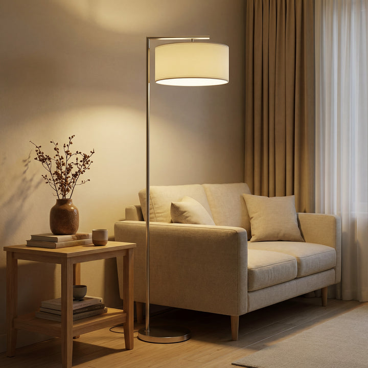 Floor Lamp, Modern Standing Lamp with Linen Lampshade, Round Base for 