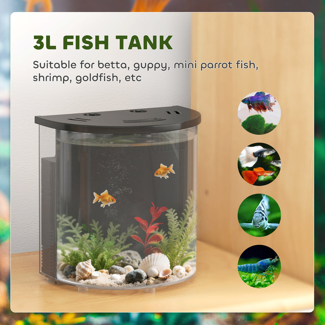 3L Small Fish Tank with Filter System, LED Light, Small Fish Tank for Betta, Goldfish, Shrimp, Black