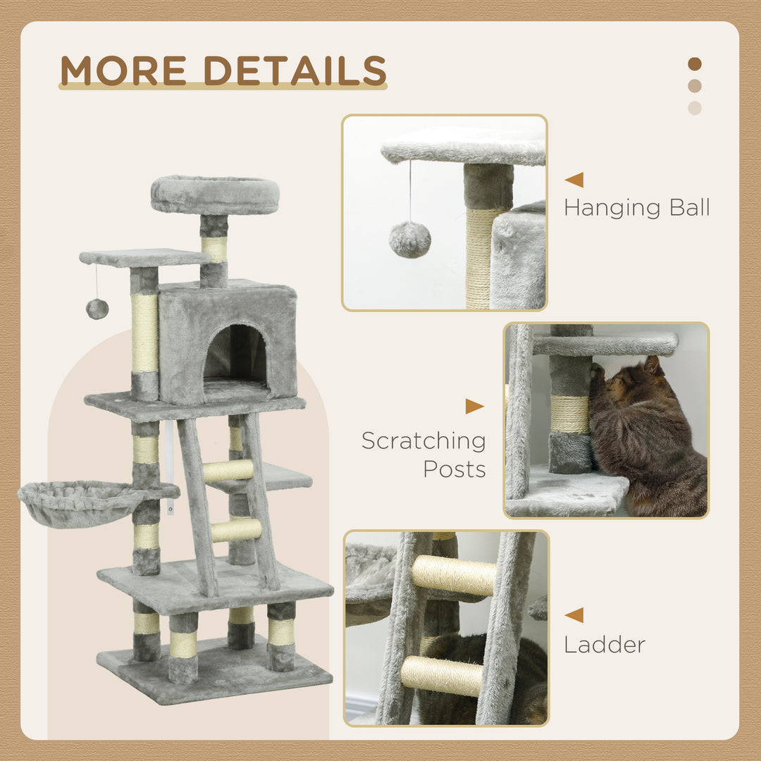 132cm Cat Tree with Scratching Post, House, Hammock, Toy Balls - Grey