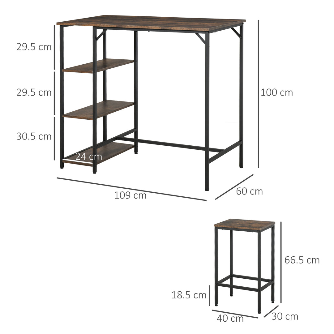 Industrial Bar Height Dining Table Set With 2 Stools & Side Shelf, 3 Pieces Coffee Table for Dining Room, Kitchen, Dinette