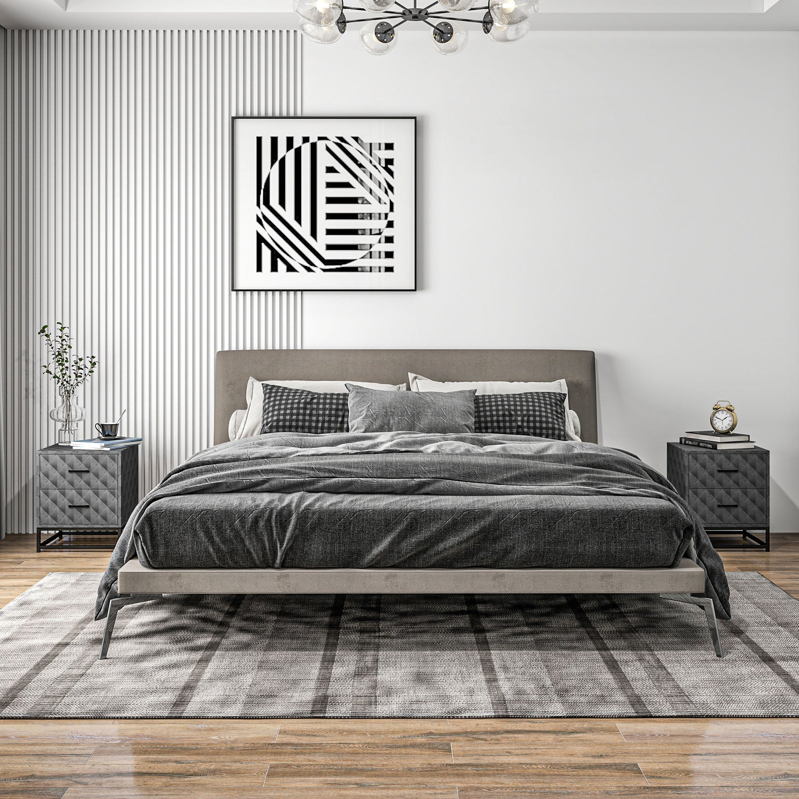 Bedside Tables Set of 2, Modern Bedside Table Nightstand with 2 Drawers, Bedside Cabinet Sofa Side Table with Storage, Steel Legs for Bedroom, Living Room, Grey