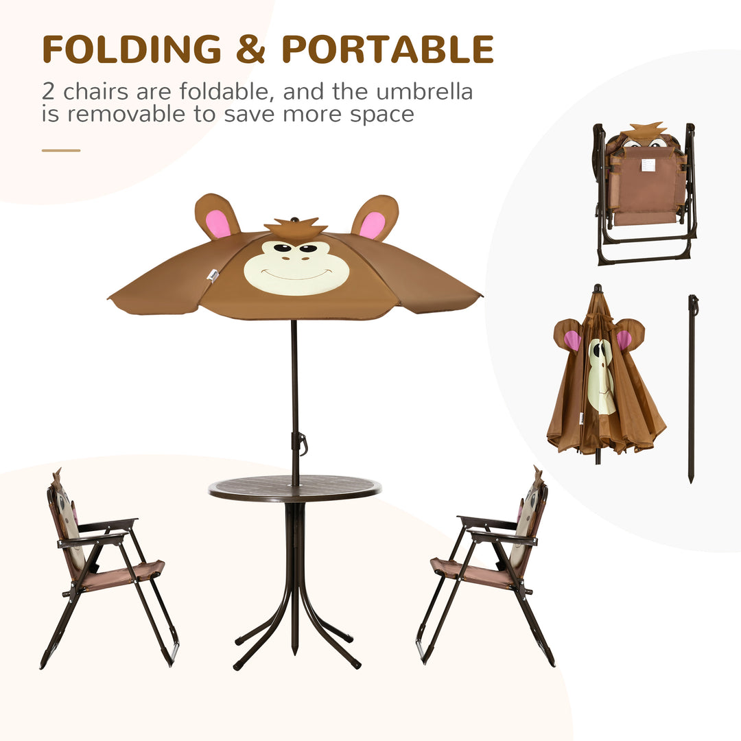 Outsunny Kids Picnic & Table Chair set, Outdoor Folding Garden Furniture w/ Monkey Design, Removable, Adjustable Sun Umbrella, Ages 3