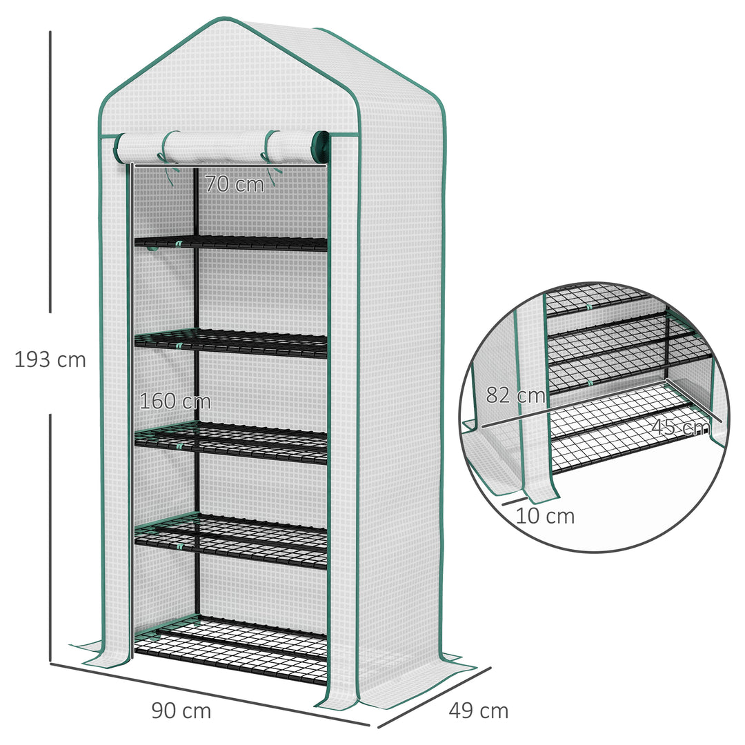 5 Tier Widened Mini Greenhouse with Reinforced PE Cover, Portable Indoor Outdoor Green House with Roll-up Door and Wire Shelves, 193H x 90W x 49Dcm, White