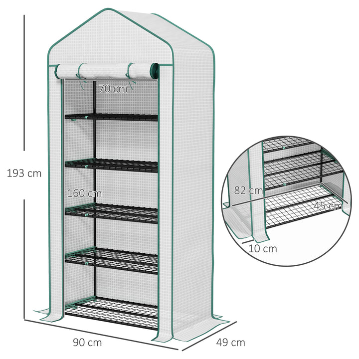5 Tier Widened Mini Greenhouse with Reinforced PE Cover, Portable Indoor Outdoor Green House with Roll-up Door and Wire Shelves, 193H x 90W x 49Dcm, White